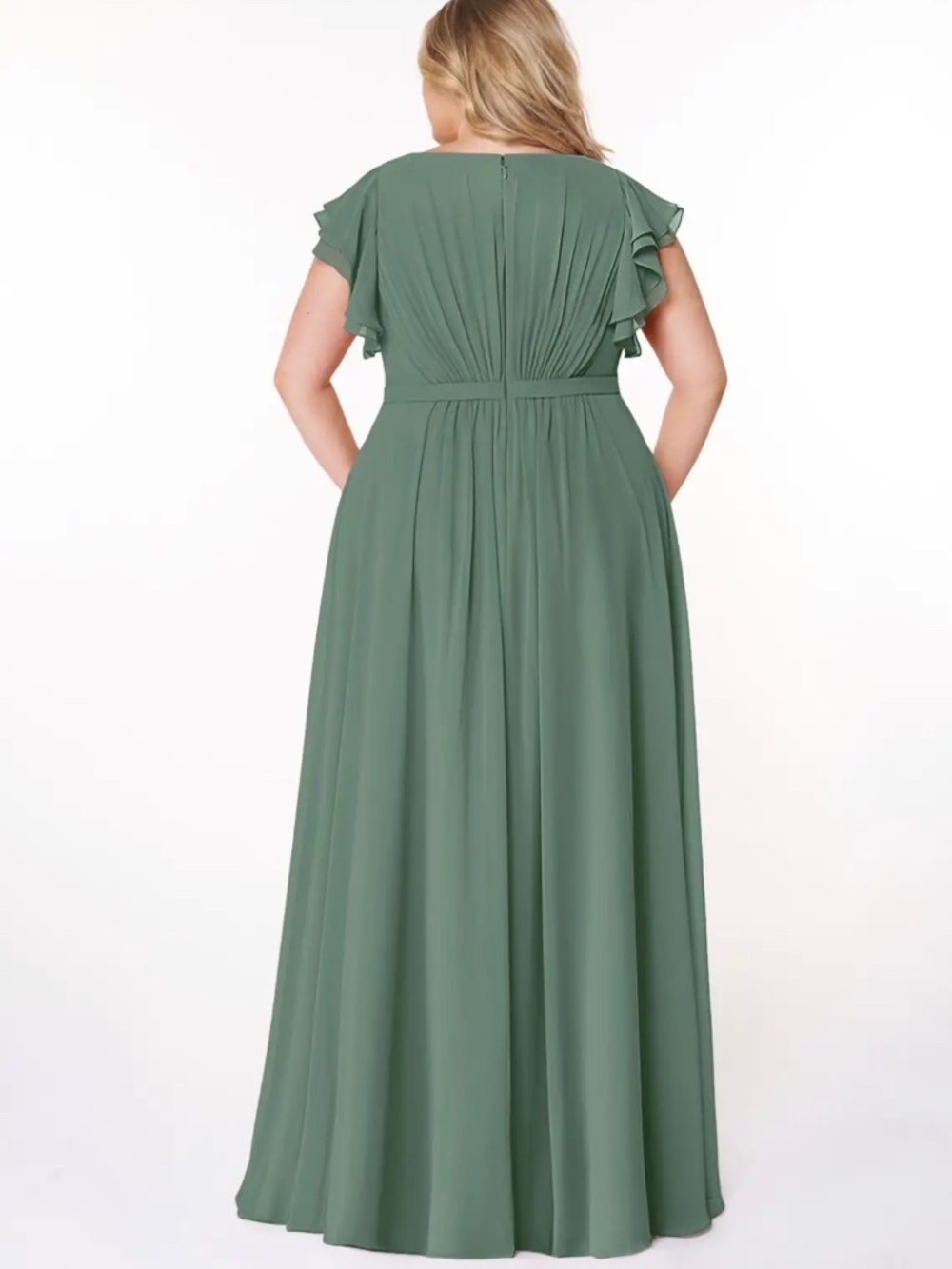 Azazie Daphne A-Line Ruffled Chiffon Floor-Length Bridesmaid Dress in Eucalyptus - Picture 13 of 14